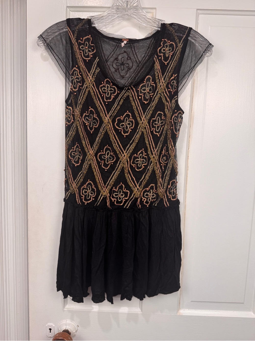 Free People Black Beaded Mesh Tank with Gold and Rose Embroidery